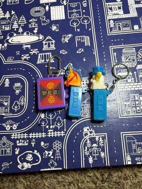 Vintage PEZ Mini Keychain Lot of 3: Clown, Pony, and Retro Purple Clip-On Dispen